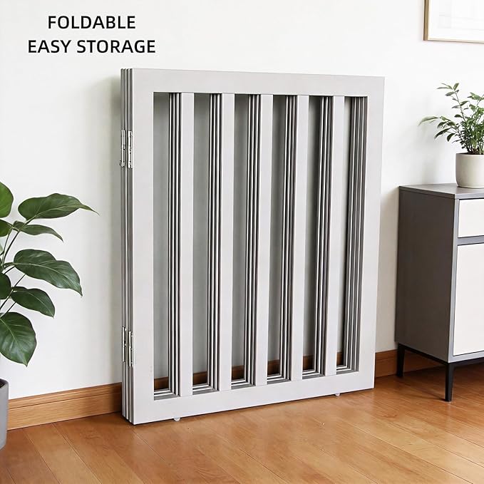 Dog Gate Indoor, Freestanding Dog Fence for The House, Doorways, Hallways,or Stairs,Pet Gate Foldable Wooden,Expandable 24" Height 4 Panels,Grey