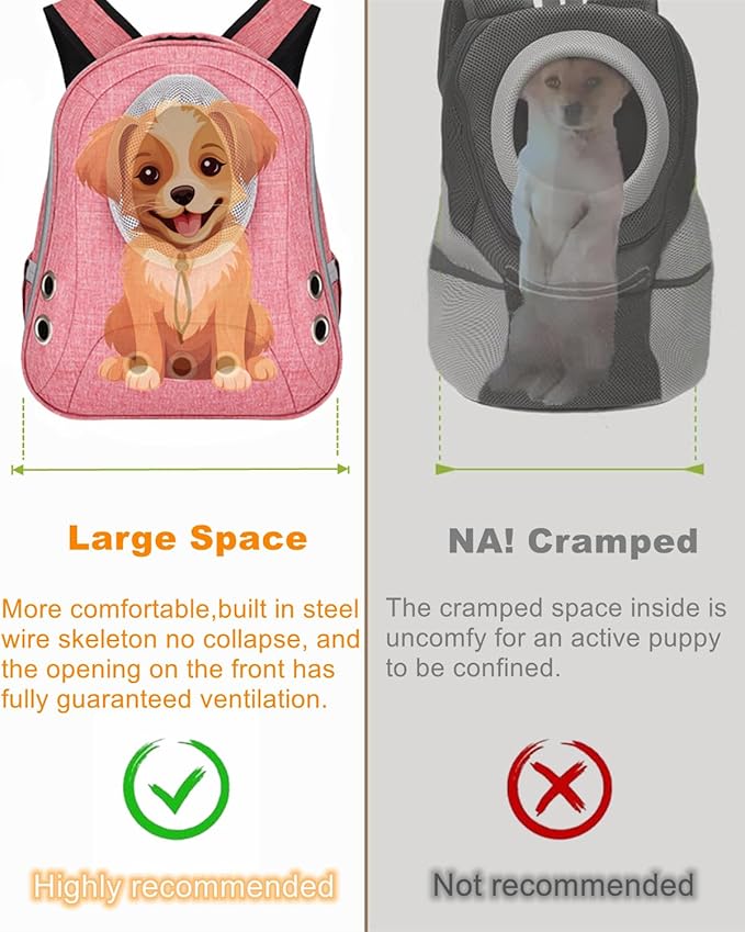 Pet Dog Backpack Carrier Small Doggy Front Backpack,Large Space Cat Carrier Backpack,Ventilated for Hiking,Camping,Travel,Suitable for Shopping and Vet,Max 12 lbs(Pink)