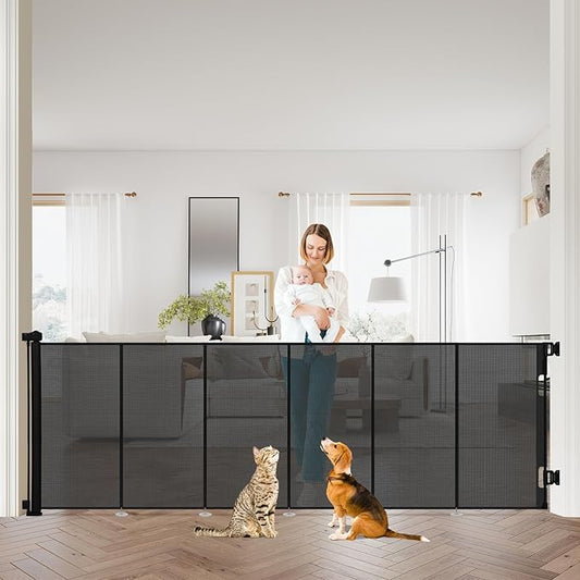 42" Tall Retractable Baby Gates, Extra Wide 118" Retractable Safety Gate with Reinforced Strips, Extra Long Dog Gate for Large Openings & Doorways Mesh Pet Baby Gates Indoor & Outdoor, Black