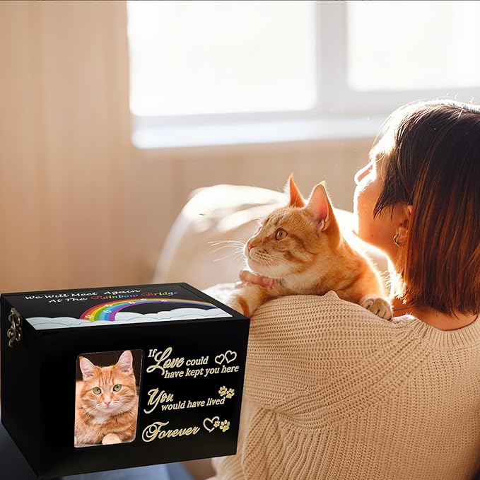 Sofunii Pet Urn for Ashes, Solid Wood Memorial Urn for Dogs & Cats, Rainbow Bridge Keepsake Cremation Box with Photo Frame, Pet Loss Remembrance Gift