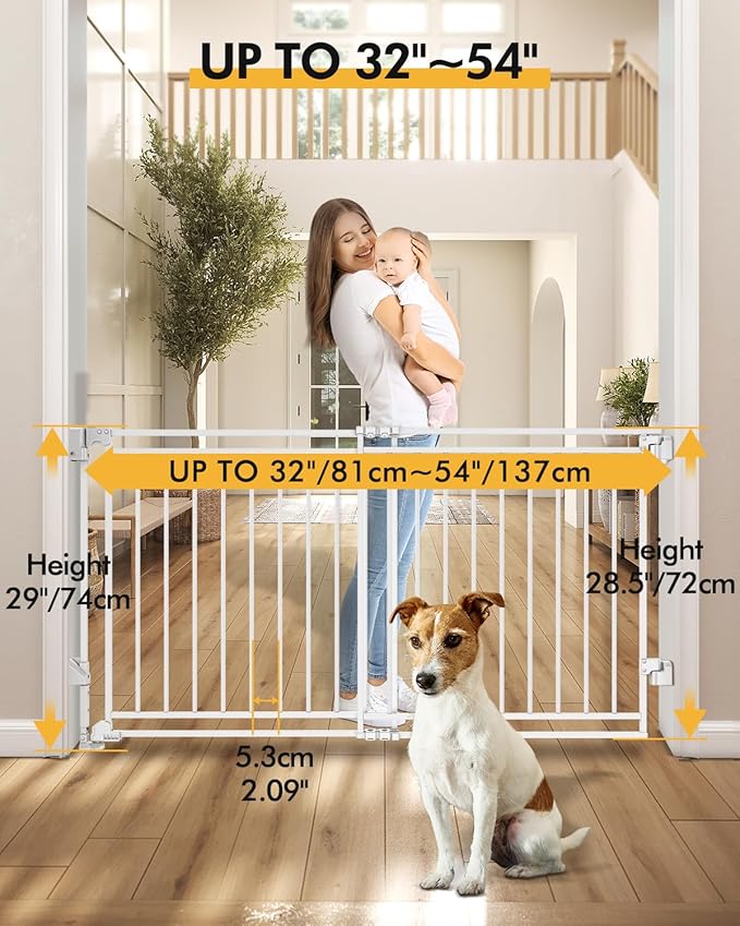 Extra Wide Baby Gate for Stairs Doorways & Kitchen, 32"-54" W x 29" H, No Bottom Bar Dog Gate, One-Handed Auto-Close, Hardware Mount Safety Gate for Dogs & Toddlers, White
