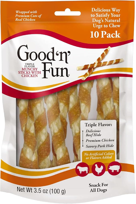 Good 'n' Fun Triple Flavor Munchy Sticks Chews for Dogs, 10 Count, Snack for All Dogs Made with Beef Hide, Chicken and Pork Hide