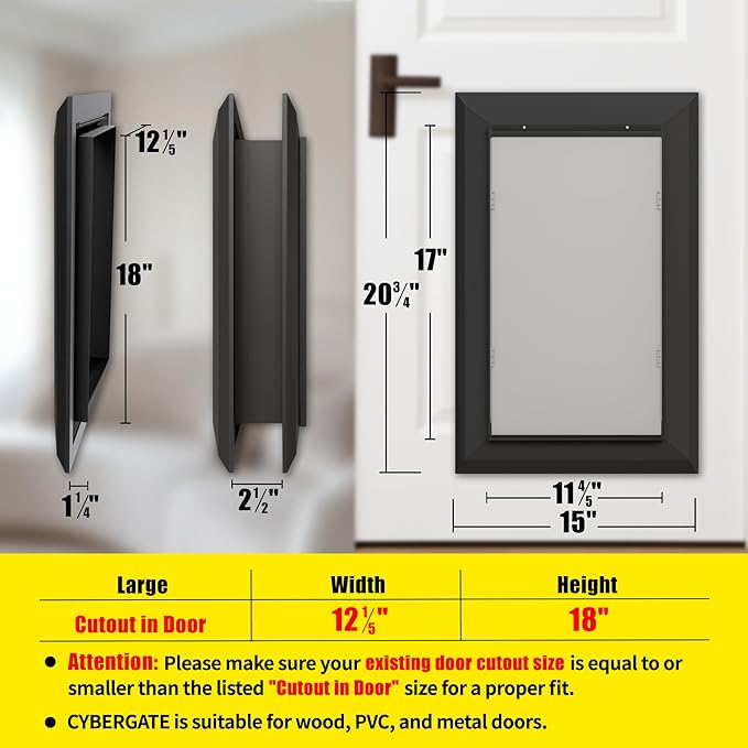 Large Dog Door for Exterior Doors, Cutout Size 12.2''W x 18''H, Heavy Duty Double Flap for Extreme Weather, Energy-Efficient, Easy to Assemble, Lockable Panel Included, Black (L)