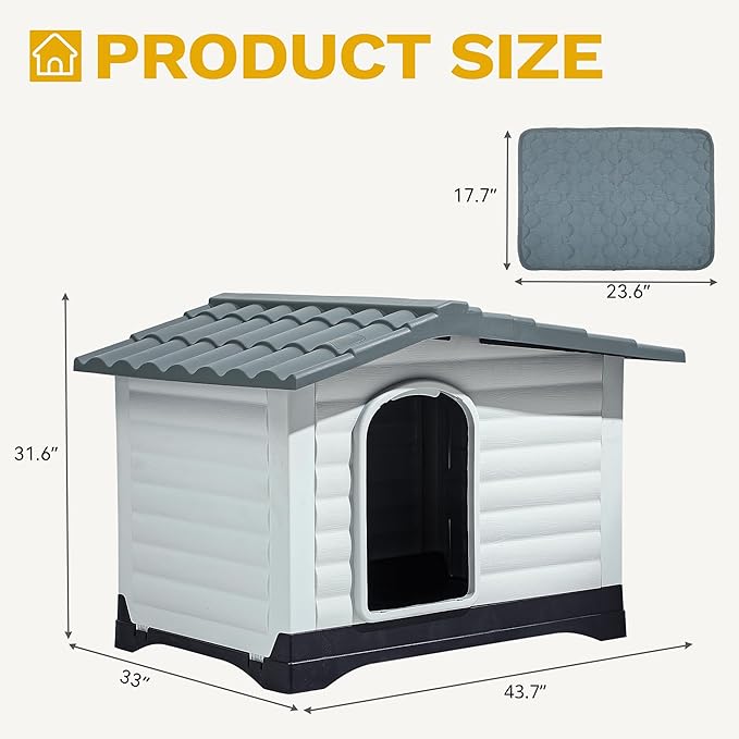 DWVO 43.7'' 2-Door Dog House with Elevated Base & Cushion, Plastic Pet House for Small, Medium, and Large Dogs, Easy Assembly, Water-Resistant for Indoor/Outdoor Use (43.7''L x 33''W x 31.6''H)