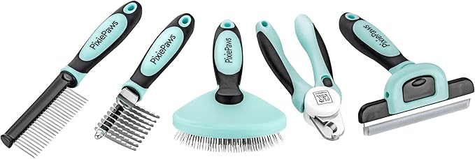 Pixie Paws Grooming Pet Brush 6 Piece Set, Dog and Cat Kit, Dematting Comb, Deshedding Fur, Toothbrush Clean Teeth, Remove Knot Tangles, Nail Clippers, Comfortable Handle - 530004E