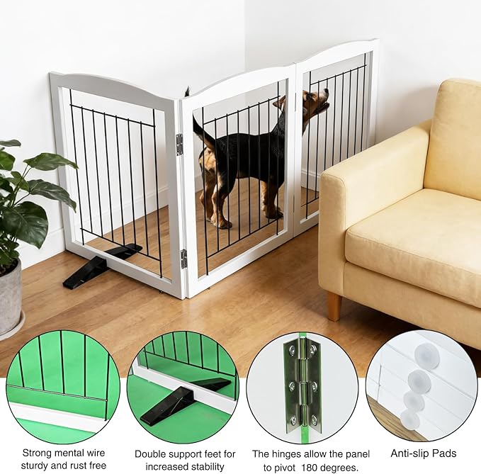 Dog Fence Indoor,Dog Gate Indoor for Doorway pet gate -3-Panel Freestanding, Hallways, House or Stairs -60x32-Inch Retractable Foldable Expandable Wood Pet by SFJC (White) ﻿