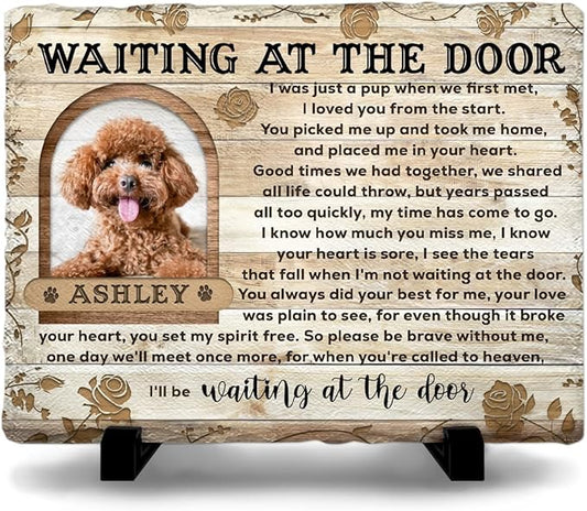 Wait at The Door Memorial Stones - Personalized Condolence Gifts with Name and Picture of Dog, Cat Passing Away - Rectangle Colored-Background Variable Rocks for Pet Mom Loss Gift