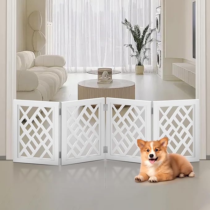 Cut-Out Design 16" Short Dog Gate for Small Dogs, Foldable Retractable Puppy Gate Indoor - Freestanding Lightweight Pet Barrier for Doorways, Stairs, Hallways (Extends to 41", White)