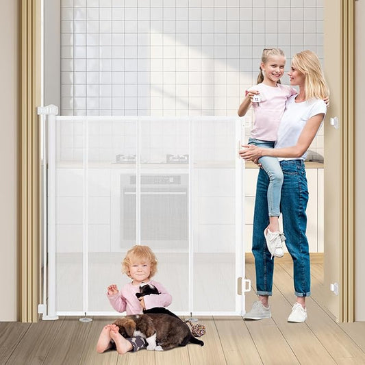 47" Extra Tall Retractable Baby Gates, Extends to 59" Wide, ExtraTall Retractable Safety Gate with Reinforced Strips, Retractable Tall Dog Gates for Doorways Mesh Baby Pet Gates Indoor, White