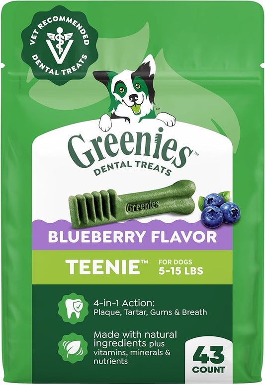 Greenies Dog Treats Veterinarian-Recommended Natural Dental Treats for Dogs, Teenie Size, Blueberry Flavor, 12 oz. Packs, 43 Count