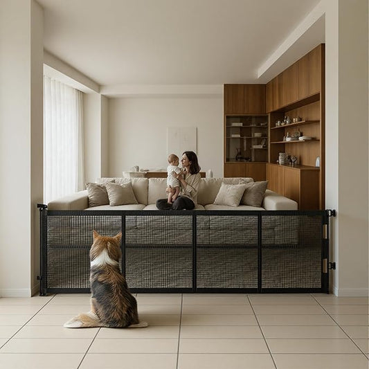 34" H Tall Mesh Dog Gate Extends Up to 200" W Retractable Pet Gate with Drill Installation, Preventing Crawling Through for Stairs, Doorways, Indoor & Outdoor (Black)