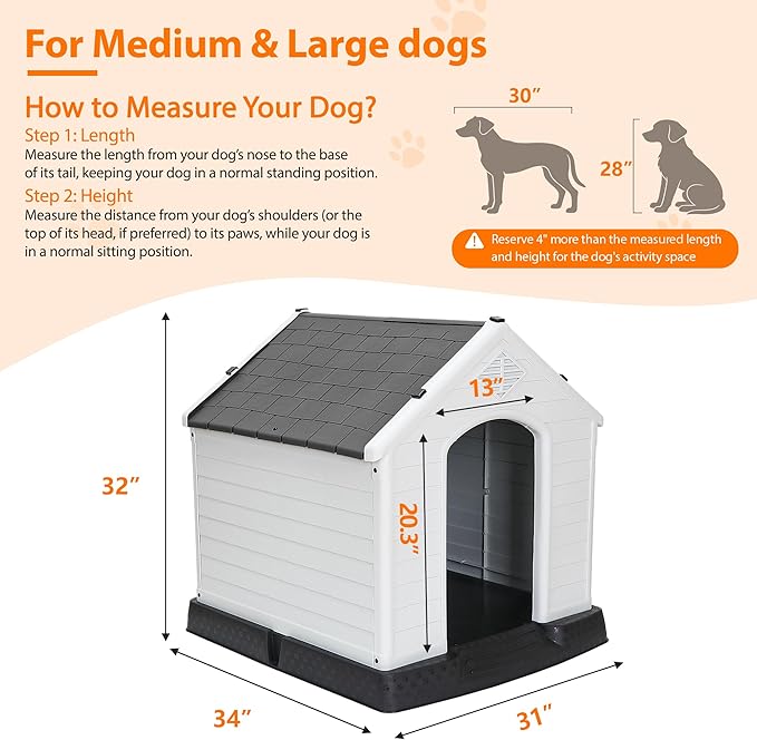 Durable Waterproof Plastic Dog House for Small to Large Dogs, Indoor Doghouse Puppy Shelter with Air Vents and Elevated Floor, Outdoor Kennel for Yard, Patio, Garage, Easy to Assemble