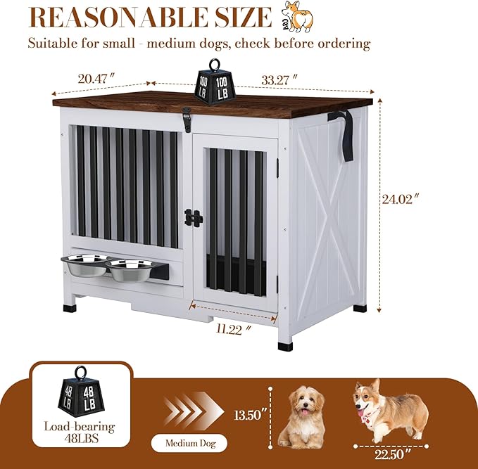 Dog Crate Furniture for Small and Medium Dogs, Decorative Wooden Dog Cage Indoor Pet House Side Table with 360° Swivel Feeder