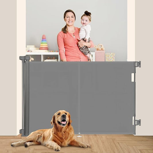 59 inch Retractable Baby Gates 42 inch Tall, Retractable Gate with Reinforced Strip Design to Prevent Crawling Through, 5 FT Retractable Dog Gate for Stairs, Doorways, Hallways, Indoor/Outdoor