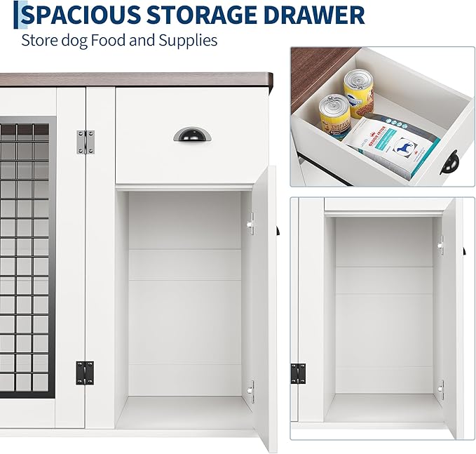 Dog Crate Furniture, Pet Kennel for Small to Medium Dogs, White Wooden Pet House with Drawers and Side Cabinets, Multi-Functional Dog Cage for Indoor Use