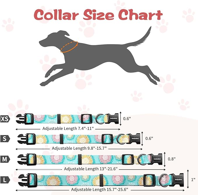 Kazazoo Dog Collar Cute and Soft Nylon Puppy Collar for Boy and Girl, Adjustable Dog Collars for Small Medium Dogs, Blue Sunflowers-M