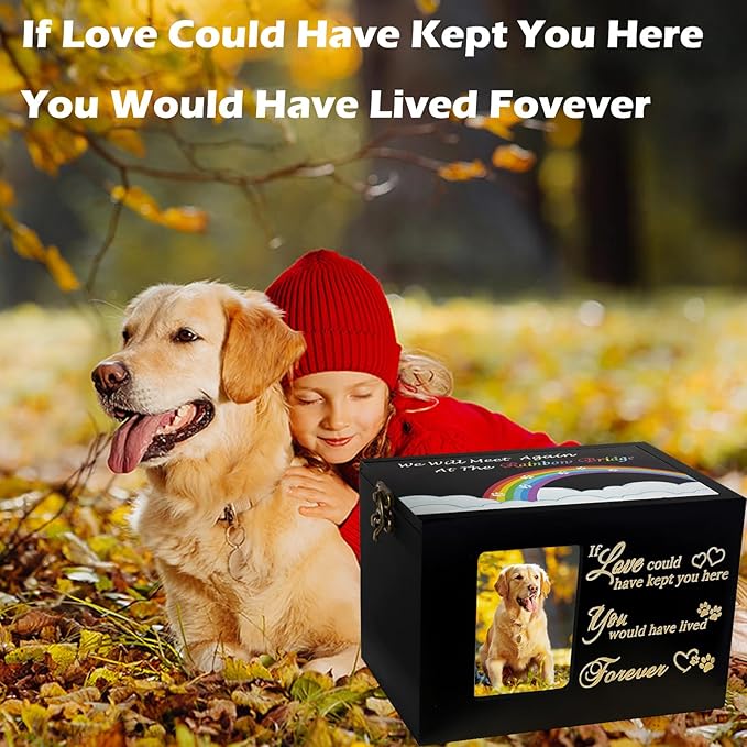 Sofunii Pet Urns for Dogs or Cats Ashes,Extra Large Wooden Funeral Cremation Memorial Box with Photo Frame,Rainbow Bridge Keepsake with Black Flannel as Lining,Loss Pet Memorial Remembrance Gift
