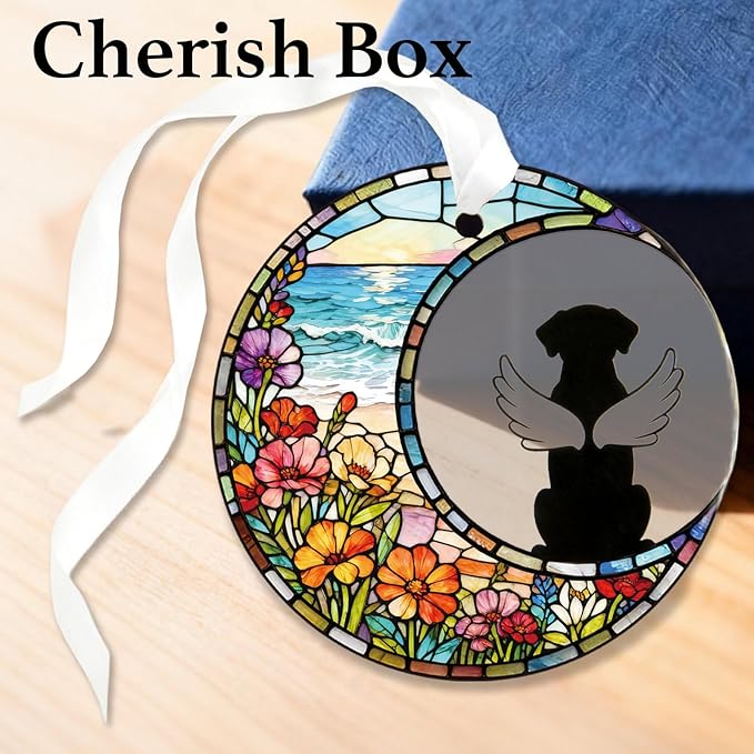Glass Dog Memorial Ornament 3" - Personalized Pet Loss Suncatcher Keepsake with Gift Box, Remembrance Ornament for Christmas, Christmas Stocking Stuffer Sympathy Decoration for Pet Lovers (Sea)
