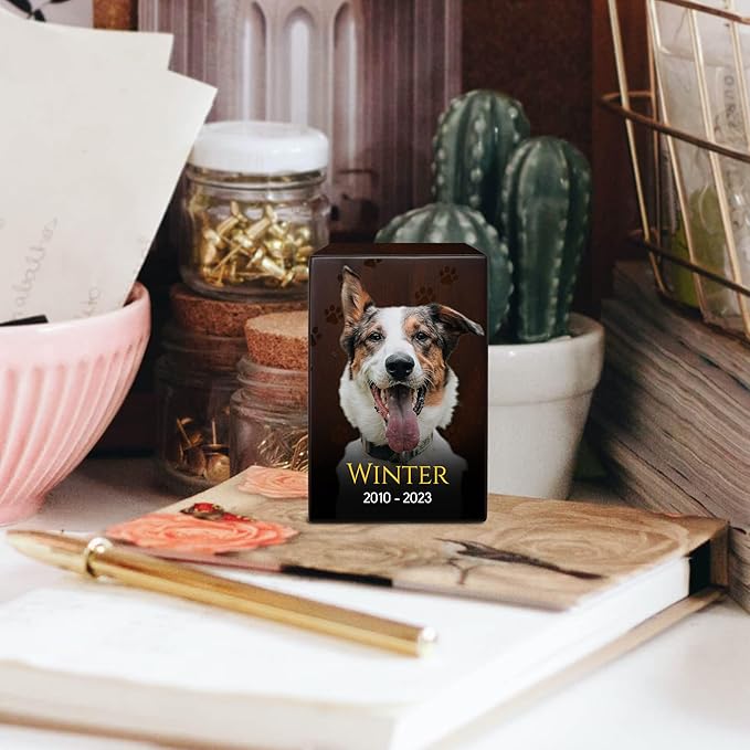 Custom Pet Keepsake Urns for Dogs, Wooden Box for Pet Ashes with Photo for Your Beloved Pets, Pet Cremation Urns as Sympathy Gifts for Pet Lovers - Small, 6" x 4" x 2.75" (Design 6)
