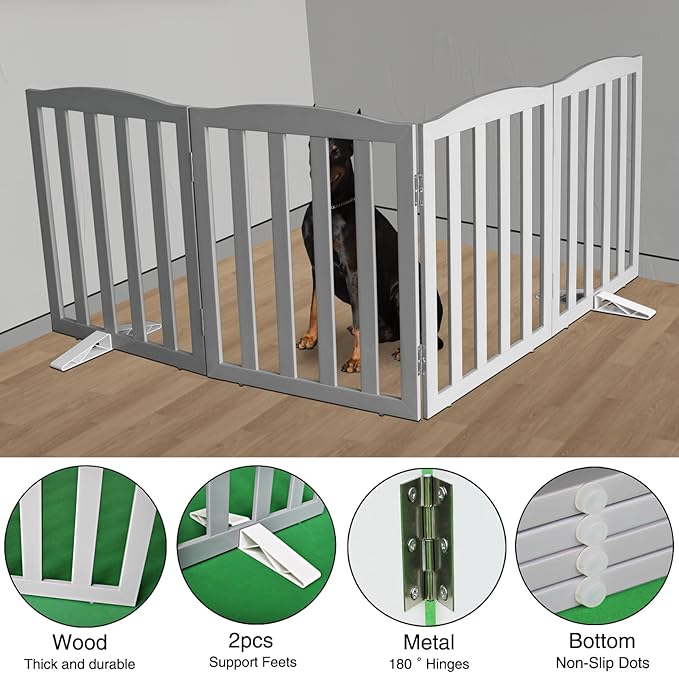 Freestanding Dog Gate Indoor,Doggie Gate Foldable Pet Gates for Doorways,Stairs or Hallways, Wooden Grey Pet Gate for the House, Pet Fence with Support Feet Included,24 "Height-4 Panels