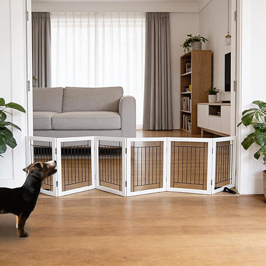 ZJSF Freestanding Dog Gate Indoor, Foldable Dog Fence for Doorways,Hallways or Stairs, Sturdy Wood Extra Wide Pet Gate with Support Feet,White,24 "Height-6 Panels