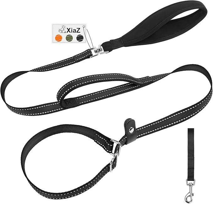 XiaZ 6FT Slip Leash for Dogs,Dog Leash with Comfortable Flat Collar and Soft Padded Double Handle,Nylon Reflective No Pull Leashes for Small Medium Large Dogs, Training Walking Running (Black)