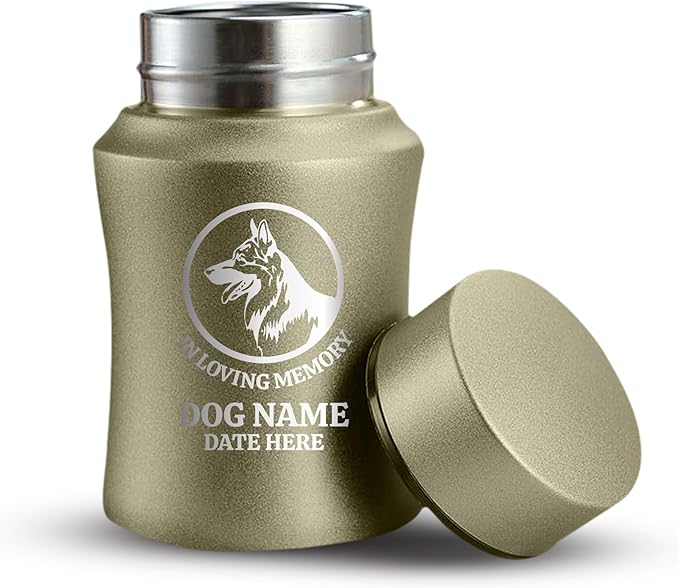 Customized Small Keepsake Urn Personalized Engraved with Pet Name, Date, and Dog Design - 4" Cremation Mini Compact Urn for Dogs Ashes | 5–10 Lbs Capacity | Washed Gold, German Shepperd Silhouette