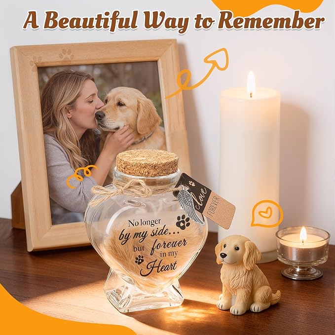 Pet Fur Keepsake Jar-Pet Memorial Gift for Loss of Dog or Cat, Heart-Shaped Glass Pet Hair Keepsake Bottle, Dog Fur Keepsake & Cat Fur Keepsake, Printed Quote Forever in My Heart”