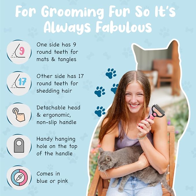 Sinko Deshedding Dog and Cat Brush, Dematting Comb with Extra Wide Double-Sided Stainless Teeth for Detangling, Deshedding, Brushing & Removing Shed Fur, Knots, Mats, and Tangles in Pets (Pink)