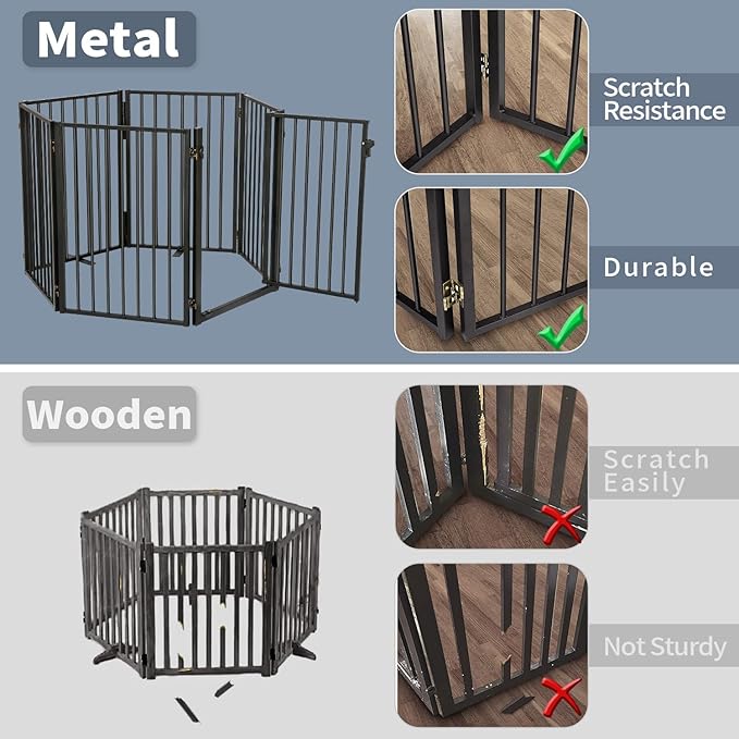 Metal Freestanding Dog Gates with Door for Outdoor Indoor,120'' Extra Wide 24'' Tall Free Standing Dog Gate for Doorways,Large Openings,Deck,Yard,Porch,Foldable Safety Pet Fence(Black,6 Panels)
