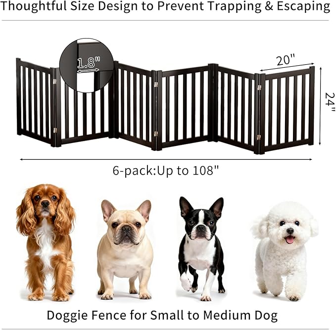 6-Panel Solid Wood Dog Gate - Freestanding Folding Pet Gate for Doorways, Stairs, Indoor, 24" Height, No Installation Needed, Black