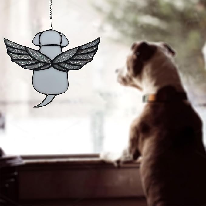 Stained Glass Rainbow Wing Angel Dog Memorial Gift for Loss of Dog Bereavement(White)