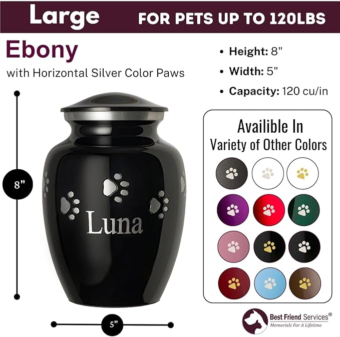 Ottillie Paws Premier Series Pet Urn for Dogs with Personalized Laser Engraving (Large - Pets up to 115 lbs, Ebony with Horizontal Pewter Paws)