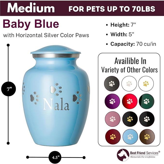 Ottillie Paws Premier Series Pet Urn for Dogs with Personalized Laser Engraving (Medium - Pets up to 65 lbs, Baby Blue with Horizontal Pewter Paws)