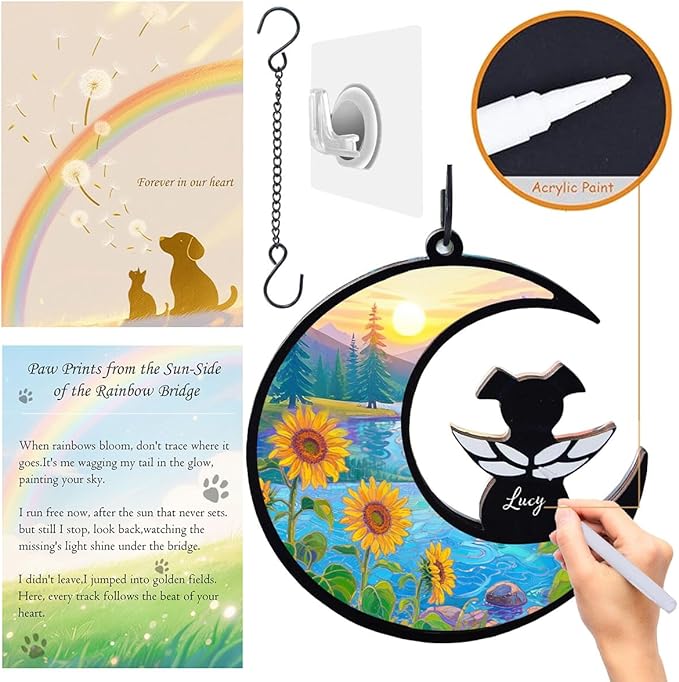 Dog Angel Memorial Suncatcher with Rainbow Bridge Poem Card, Pet Sympathy Gifts for Loss of Dog, Sunflowers