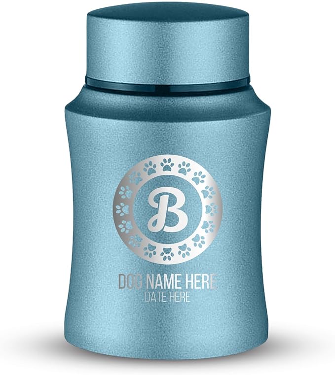 Customized Small Keepsake Urn Personalized Engraved with Pet Name, Date, and Dog Design - 4" Powder Coated Cremation Mini Compact Urn for Dogs Ashes | 5–10 Lbs Capacity | Powder Blue, Paw Stamp