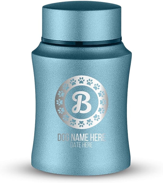 Customized Small Keepsake Urn Personalized Engraved with Pet Name, Date, and Dog Design - 4" Powder Coated Cremation Mini Compact Urn for Dogs Ashes | 5–10 Lbs Capacity | Powder Blue, Paw Stamp