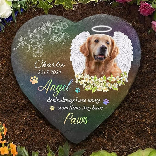Wrappiness Pet Memorial Stone - Angels Sometimes Have Paws, Personalized Dog Memorial Gifts, Remembrance Condolences Bereavement Gifts for Loss of Pet Custom Photo (Heart 07, Stone)