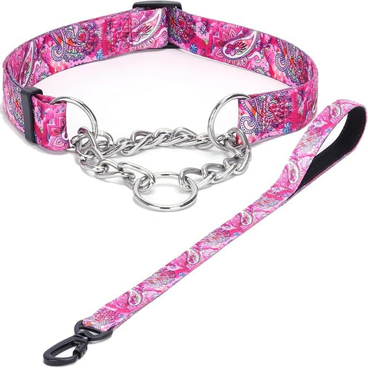 Martingale Dog Collar with Stainless Steel Chain - Limited Chain Cinch Training Collar for No Pull Training Dog - Flower Multicolor Cute Patterns - Premium No Slip Collar (M, Pink Set)
