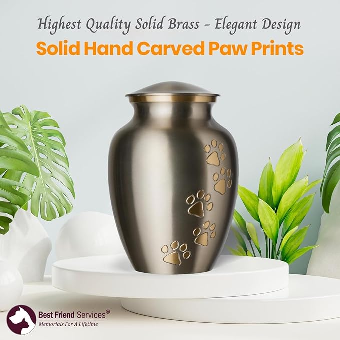Ottillie Paws Legacy Series Pet Urn for Dogs and Cats, Handmade Brass Memorial Cremation Urn (Small - Pets up to 25 lbs, Pewter, Vertical Brass Paws)