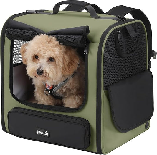 Pecute Spacious Cat Carrier Backpack, Lightweight Ventilated Pet Backpack for Anxious Cats & Small Dogs (Miniature Dachshund), for Hiking Camping Travel Vet Visits, Dark Green