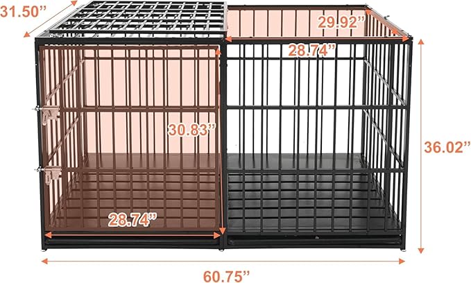 61'' Indestructible Heavy Duty Dog Crate with Cushion, Extra Large Pet Cage Escape Proof Strong Steel Impact for High Anxiety Dogs, Sound Proof Chewproof Kennel 2 Doors, XXL