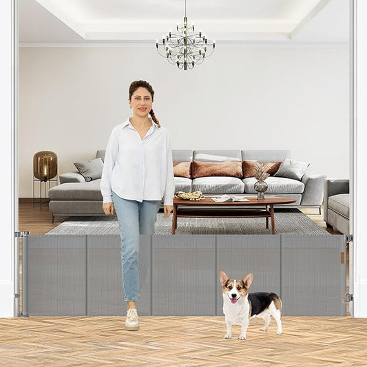 24 Inch Tall x 110 Inch Extra Wide Retractable Dog Gate for The House, Short Baby Gate to Step Over, Reinforced Mesh Puppy Gate for Doorways, Step Over Pet Gate for Stairs, Indoor/Outdoor, Gray