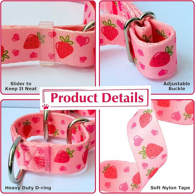 Martingale Dog Collar for Small Pet Dogs- Pink Strawberry No-Slip Escape Proof Choke No Pull Fruit Dog Collar for Male and Female Dogs Training & Walking S