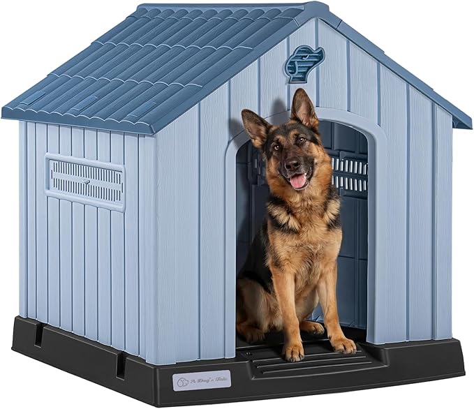 LEMBERI Large Plastic Dog House for Medium Large Dogs, Durable Waterproof Indoor Outdoor Doghouse with Air Vents and Elevated Floor, Easy to Assemble (Light Blue, 40.7" L x 37.2" W x 40" H)
