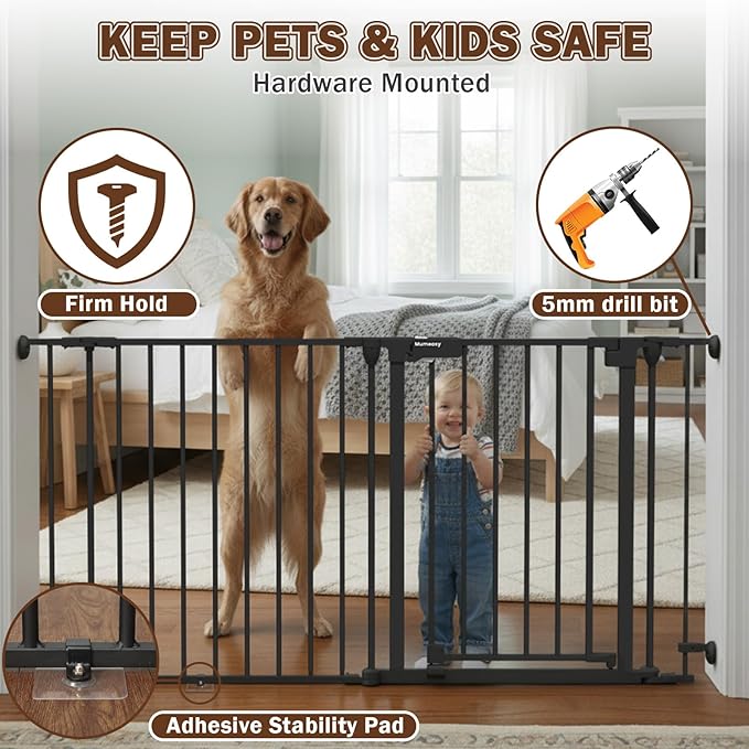 Mumeasy 126" Extra Wide Baby Gate for Doorways, Stairs & Fireplace, Auto Close Safety Dog & Pet Gate with Walk Thru Door, Childproof Fence for Hallway Kitchen House Indoor Outdoor,5 Metal Panels,Black