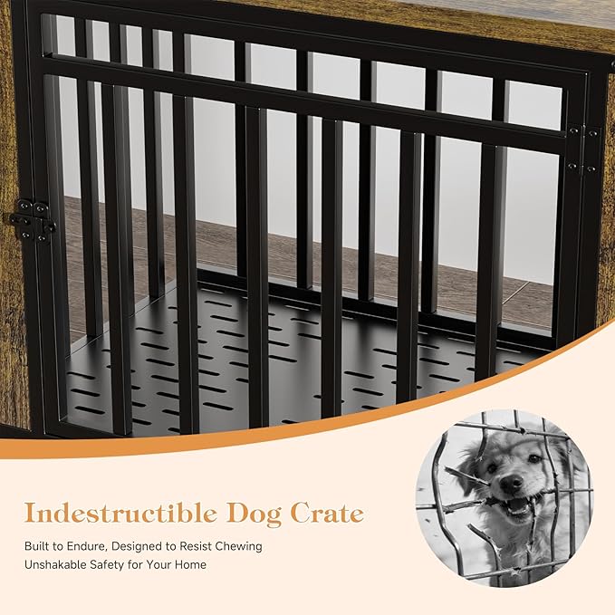 Medium Dog Crate Furniture with Removable Tray & Iron Door, 39" Heavy Duty Indoor Dog House Furniture Side Table with Lockable Wheels, Wooden Pet Kennel Crate for Medium Small Dogs (Black)