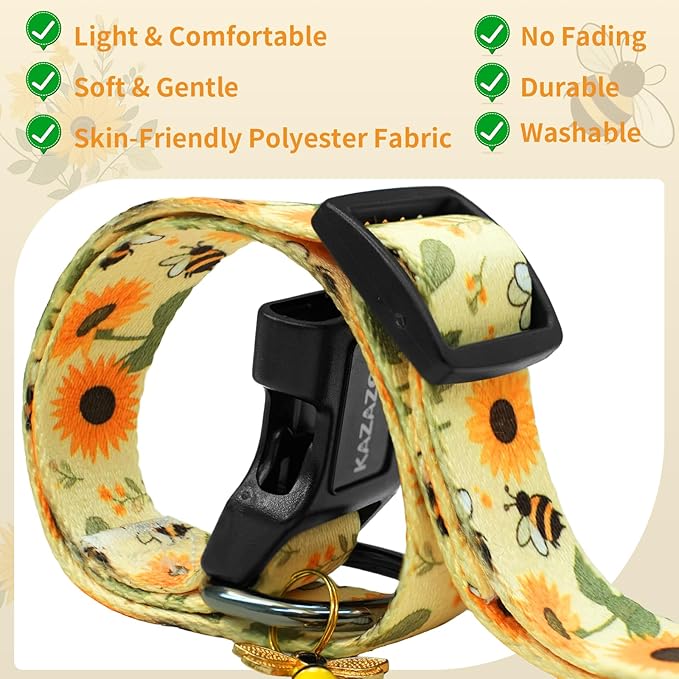 Kazazoo Dog Collar Cute and Soft Nylon Puppy Collar for Boy and Girl, Adjustable Dog Collars for Small Medium Dogs, Bees and Sunflowers-M