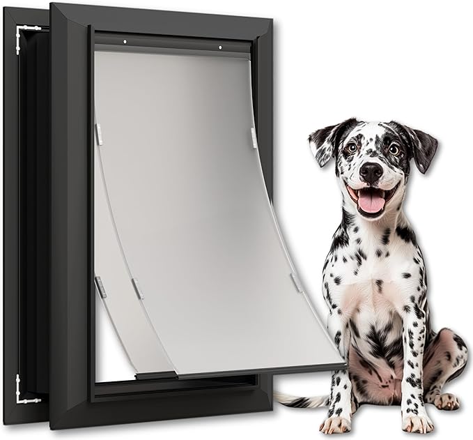 Large Dog Door for Exterior Doors, Cutout Size 12.2''W x 18''H, Heavy Duty Double Flap for Extreme Weather, Energy-Efficient, Easy to Assemble, Lockable Panel Included, Black (L)