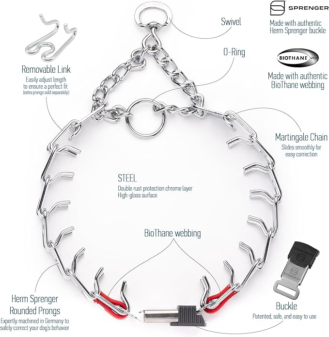Herm Sprenger Prong Collar 3.0 Quick Release with Short Links & Swivel for Easy Use & Biothane Insert | Chrome Plated Steel Dog Training Pinch Collar for Dogs, 20in (Necks up to 16-17in) (Cherry Red)